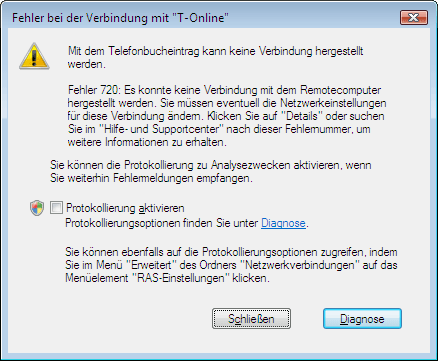 Fehler 720 mit DFÜ unter Windows Vista und DSL